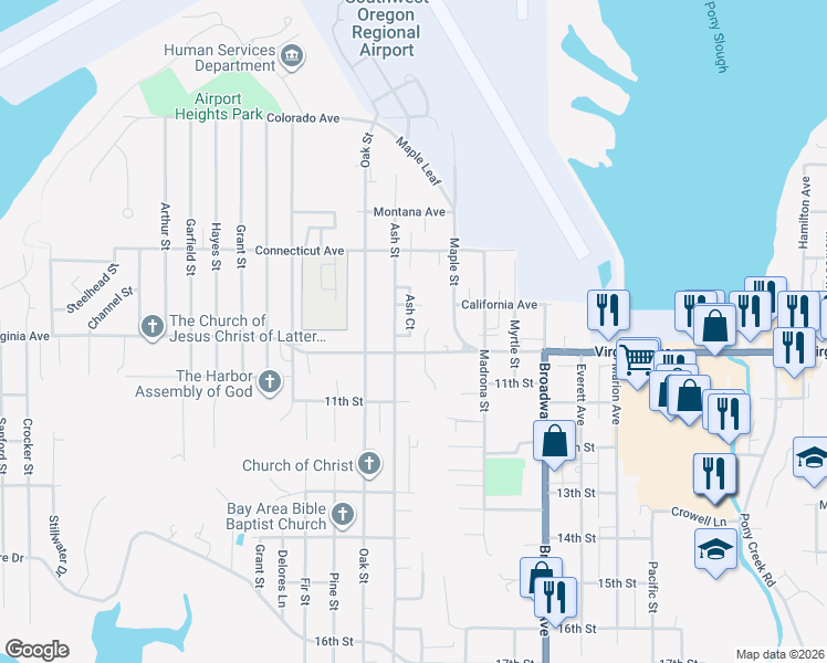 map of restaurants, bars, coffee shops, grocery stores, and more near 1997 Ash Street in North Bend