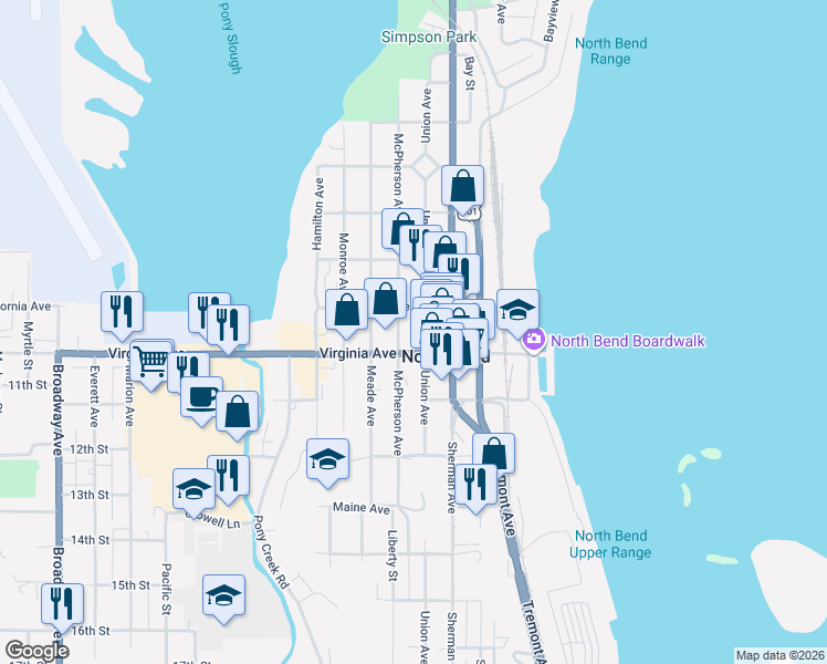 map of restaurants, bars, coffee shops, grocery stores, and more near 1954 Union Avenue in North Bend
