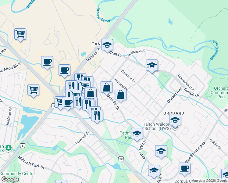 map of restaurants, bars, coffee shops, grocery stores, and more near 2351 Heslop Street in Burlington