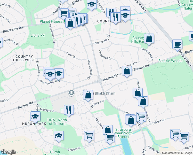 map of restaurants, bars, coffee shops, grocery stores, and more near 972 Strasburg Road in Kitchener