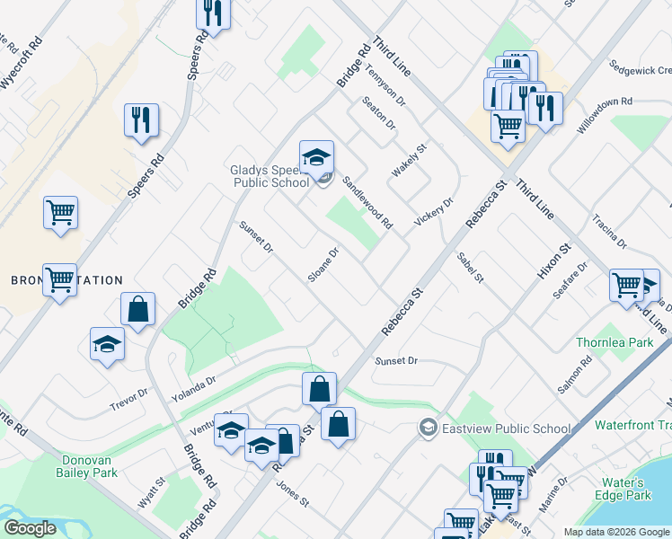 map of restaurants, bars, coffee shops, grocery stores, and more near 373 Sawyer Road in Oakville