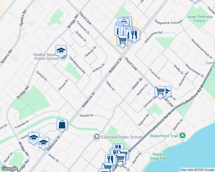 map of restaurants, bars, coffee shops, grocery stores, and more near 280 Sabel Street in Oakville
