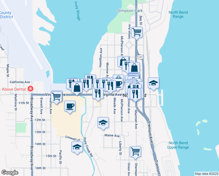 map of restaurants, bars, coffee shops, grocery stores, and more near 1120 Virginia Avenue in North Bend