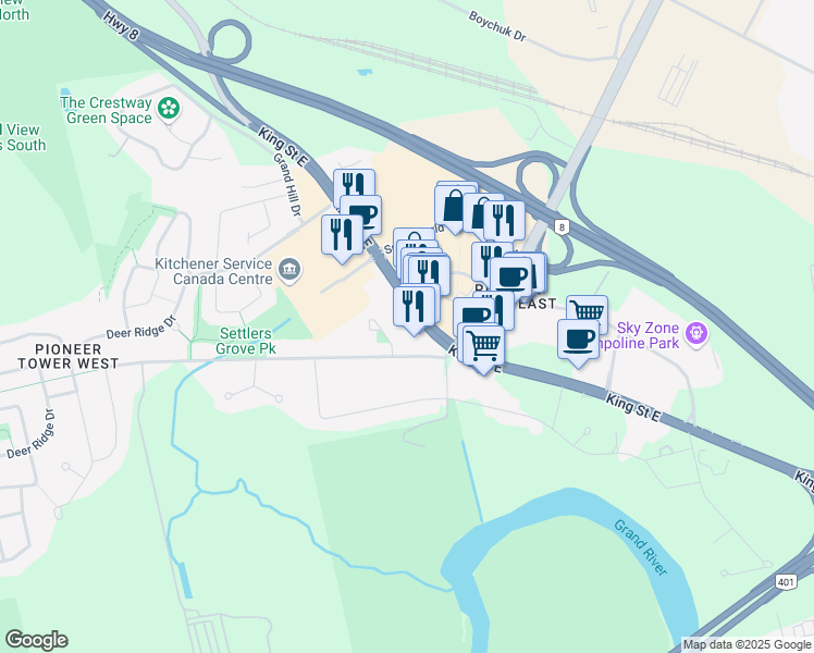 map of restaurants, bars, coffee shops, grocery stores, and more near 4355 King Street East in Kitchener