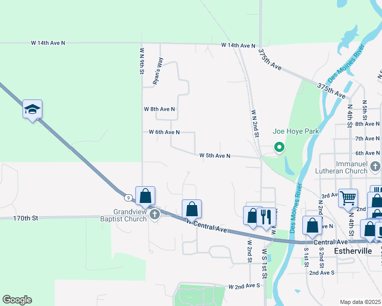 map of restaurants, bars, coffee shops, grocery stores, and more near 501 West North 6th Street in Estherville