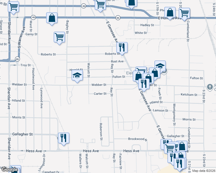 map of restaurants, bars, coffee shops, grocery stores, and more near 3309 Carter Street in Saginaw