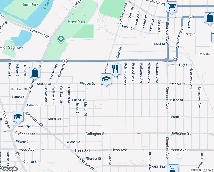 map of restaurants, bars, coffee shops, grocery stores, and more near 2201 Owen Street in Saginaw
