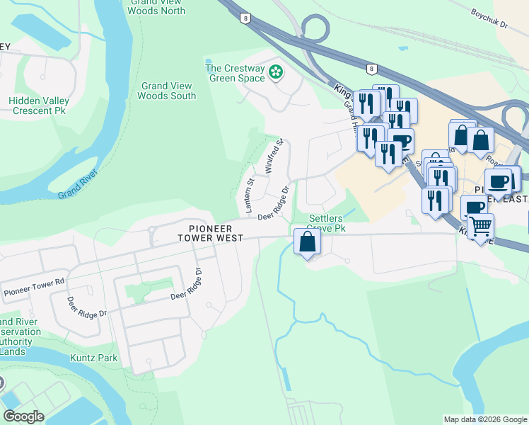 map of restaurants, bars, coffee shops, grocery stores, and more near 153 Deer Ridge Drive in Kitchener