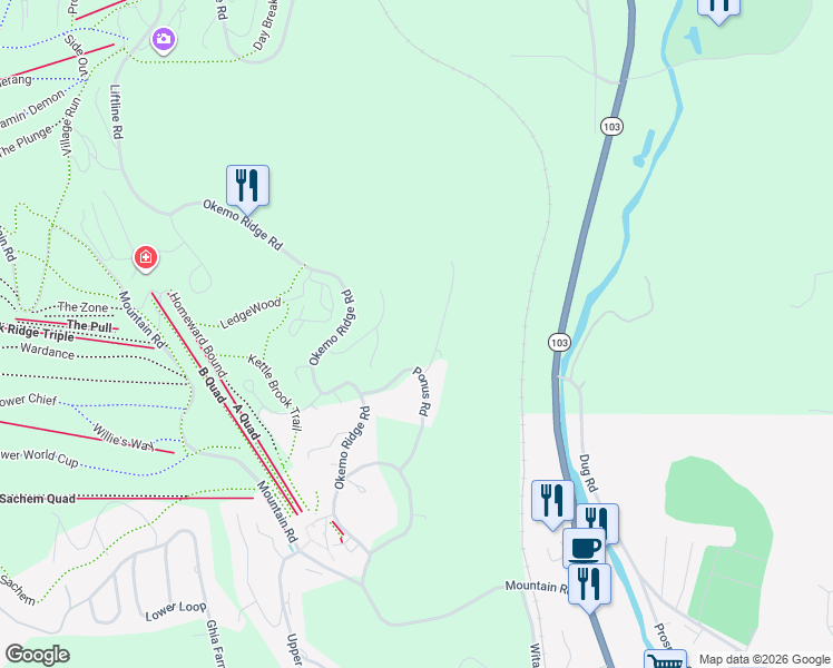 map of restaurants, bars, coffee shops, grocery stores, and more near 33 Mountain View Drive in Windsor County