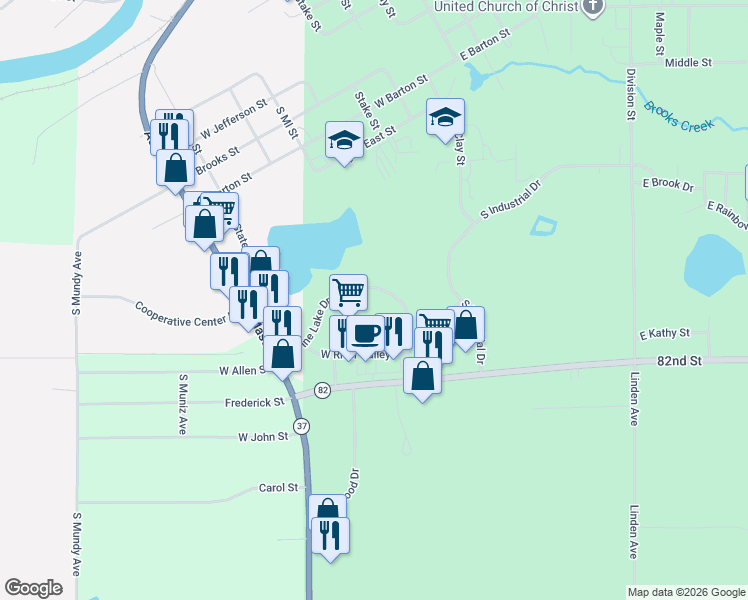 map of restaurants, bars, coffee shops, grocery stores, and more near 160 West Pine Lake Drive in Newaygo