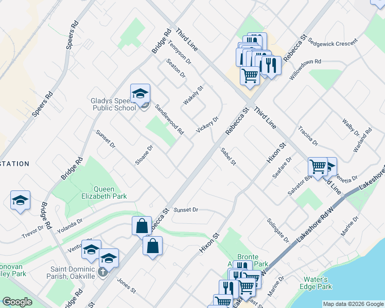 map of restaurants, bars, coffee shops, grocery stores, and more near 331 Sandlewood Road in Oakville