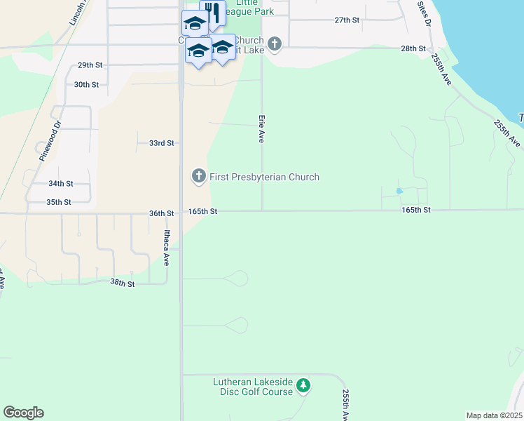map of restaurants, bars, coffee shops, grocery stores, and more near 2500 165th Street in Spirit Lake