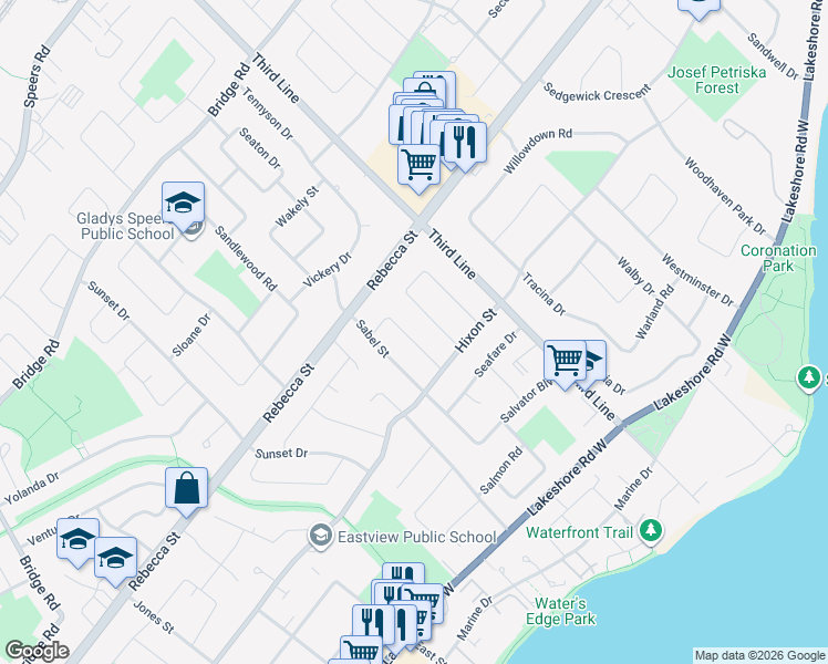 map of restaurants, bars, coffee shops, grocery stores, and more near 249 Snowden Road in Oakville