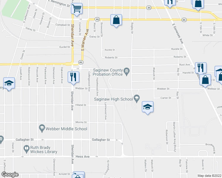 map of restaurants, bars, coffee shops, grocery stores, and more near 2747 Webber Street in Saginaw