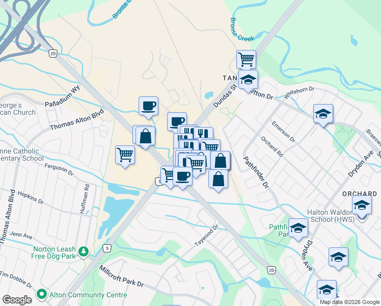 map of restaurants, bars, coffee shops, grocery stores, and more near 2535 Appleby Line in Burlington