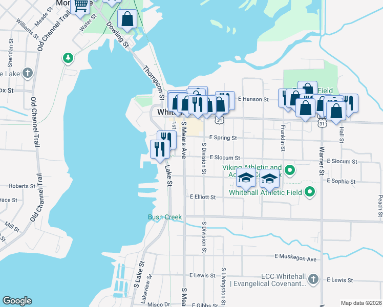 map of restaurants, bars, coffee shops, grocery stores, and more near 112 East Slocum Street in Whitehall