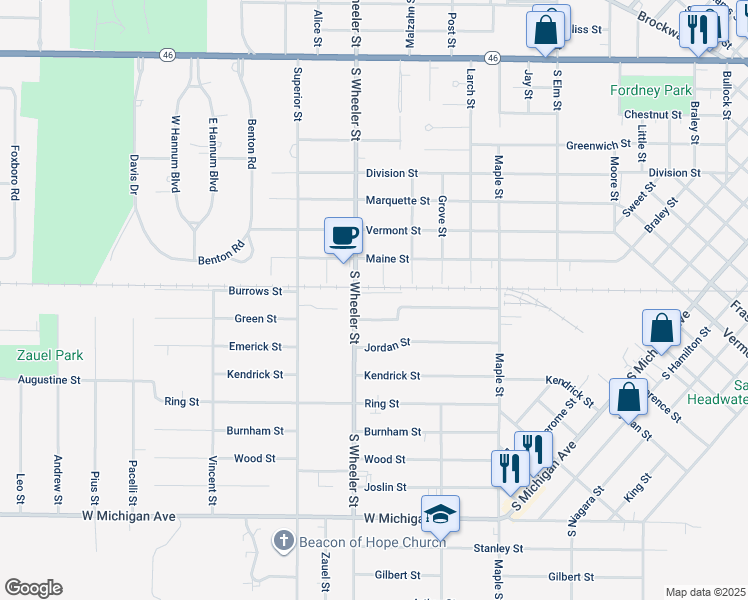 map of restaurants, bars, coffee shops, grocery stores, and more near 922 South Wheeler Street in Saginaw