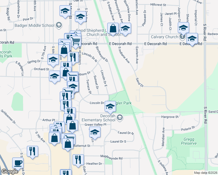 map of restaurants, bars, coffee shops, grocery stores, and more near 1064 Lincoln Drive East in West Bend