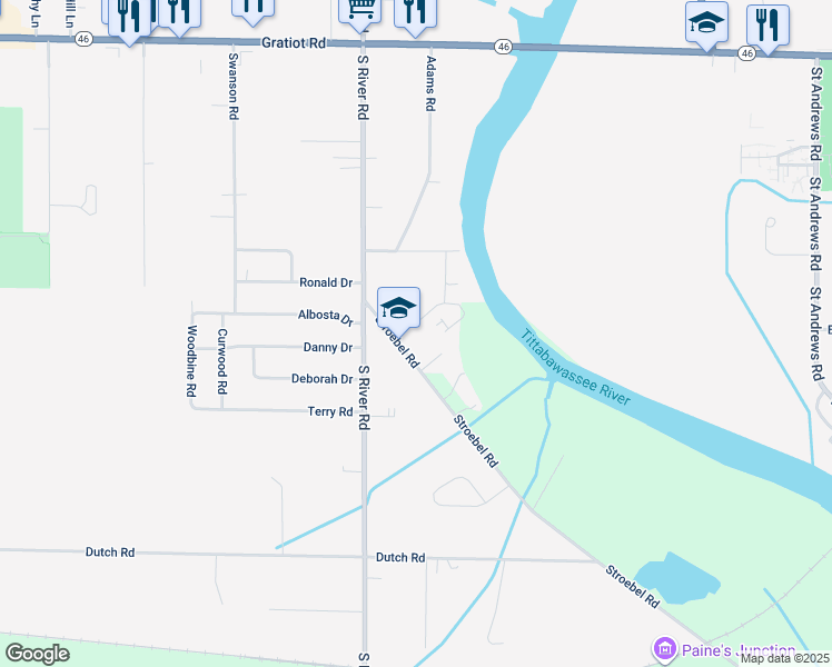 map of restaurants, bars, coffee shops, grocery stores, and more near 6900 Stroebel Road in Saginaw