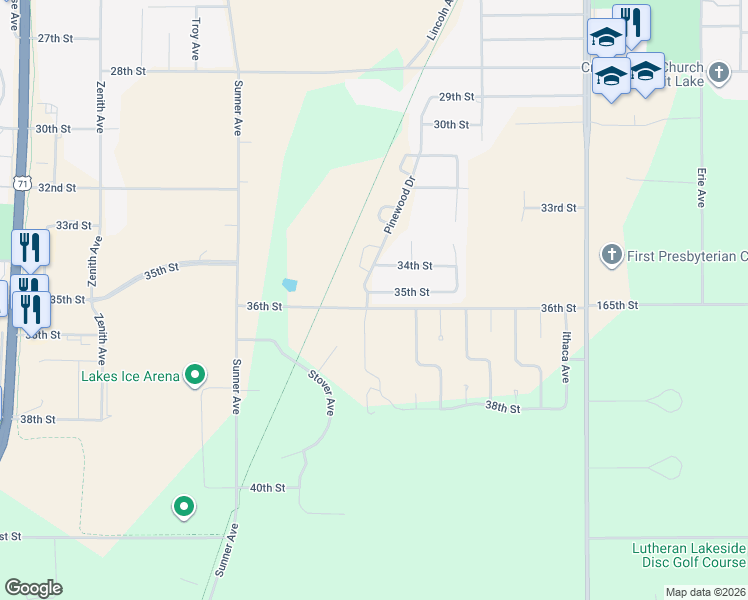 map of restaurants, bars, coffee shops, grocery stores, and more near 1409 35th Street in Spirit Lake