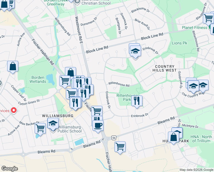 map of restaurants, bars, coffee shops, grocery stores, and more near 401 Erinbrook Drive in Kitchener