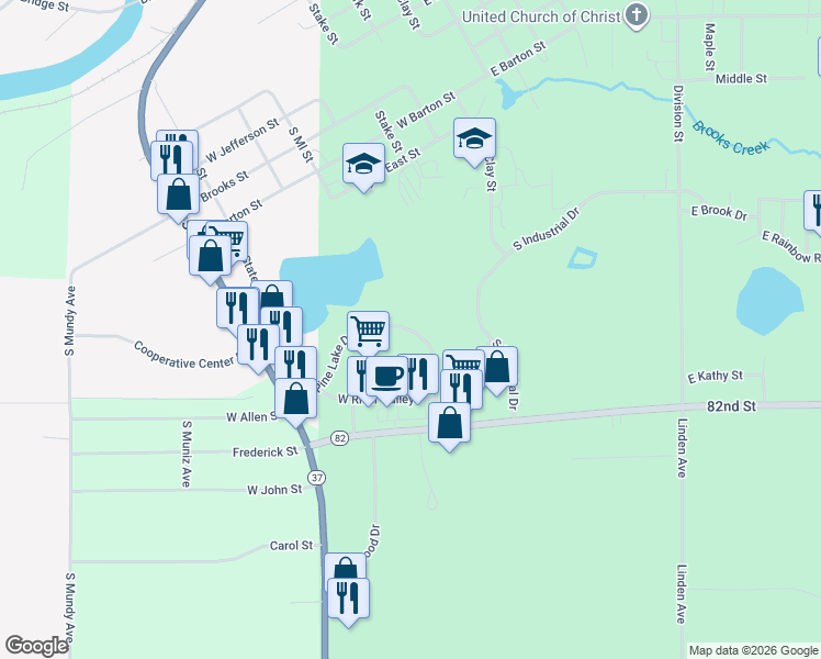 map of restaurants, bars, coffee shops, grocery stores, and more near 121 West Pine Lake Drive in Newaygo