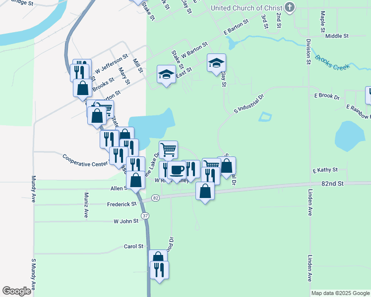 map of restaurants, bars, coffee shops, grocery stores, and more near 52 West Pine Lake Drive in Newaygo