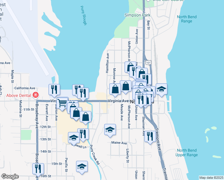 map of restaurants, bars, coffee shops, grocery stores, and more near 1120 Virginia Avenue in North Bend
