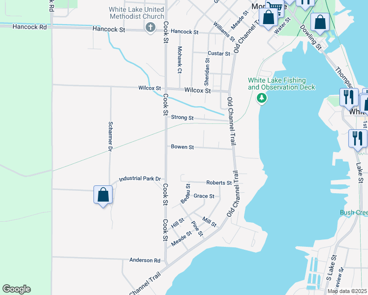 map of restaurants, bars, coffee shops, grocery stores, and more near 4927 Bowen Street in Montague