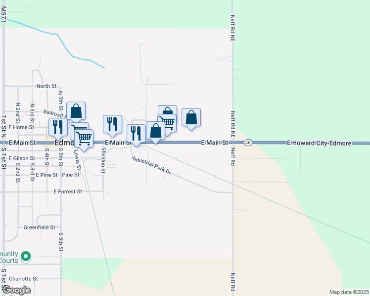 map of restaurants, bars, coffee shops, grocery stores, and more near 1260 East Main Street in Edmore