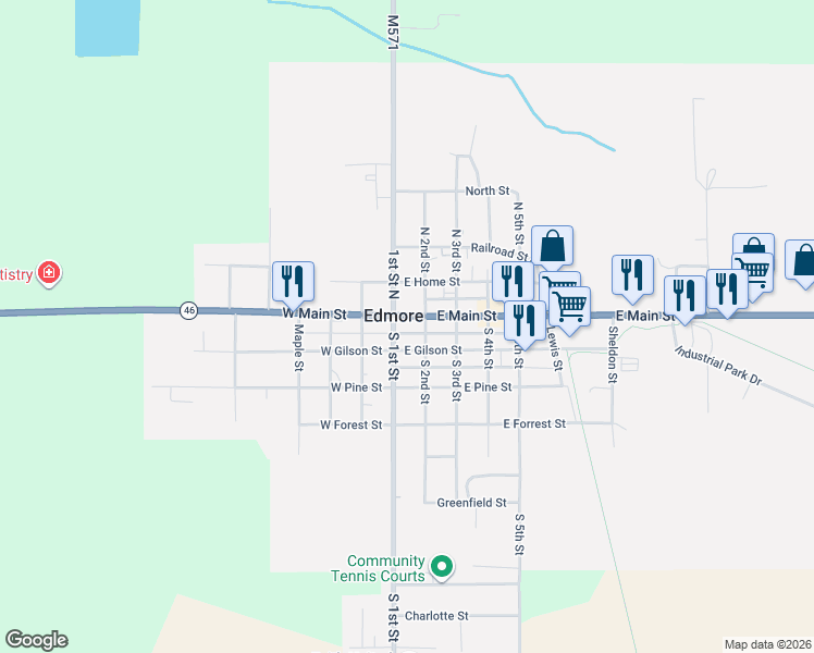 map of restaurants, bars, coffee shops, grocery stores, and more near in Edmore