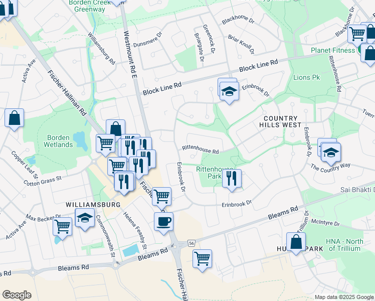 map of restaurants, bars, coffee shops, grocery stores, and more near 407 Rittenhouse Road in Kitchener
