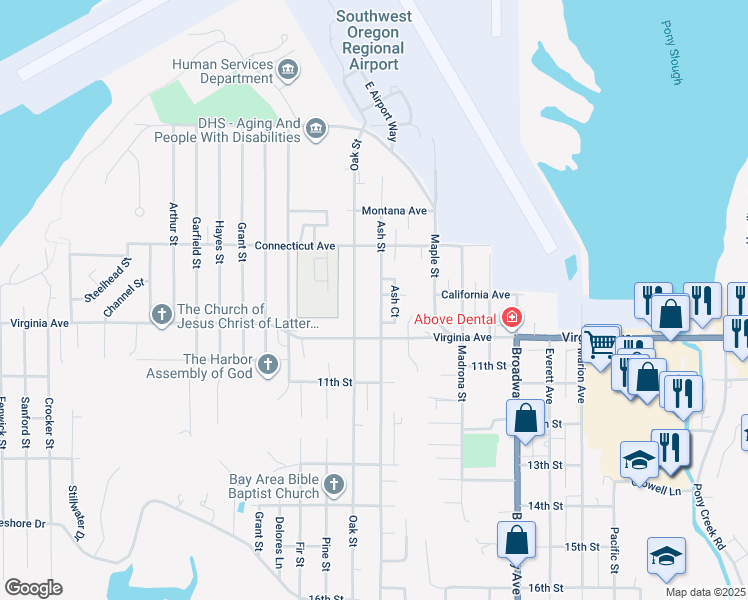 map of restaurants, bars, coffee shops, grocery stores, and more near 1910 Ash Street in North Bend