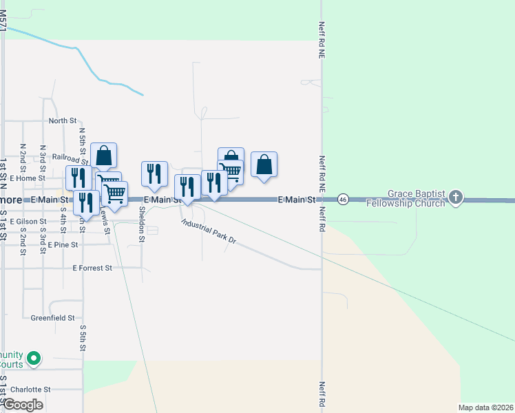 map of restaurants, bars, coffee shops, grocery stores, and more near 1157 East Main Street in Edmore