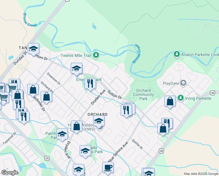 map of restaurants, bars, coffee shops, grocery stores, and more near 2237 Empire Crescent in Burlington