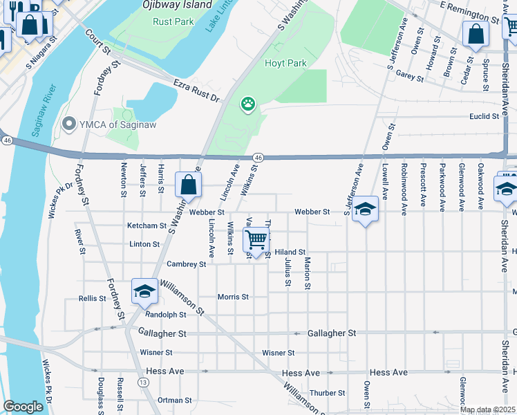 map of restaurants, bars, coffee shops, grocery stores, and more near 2011 Wilkins Street in Saginaw