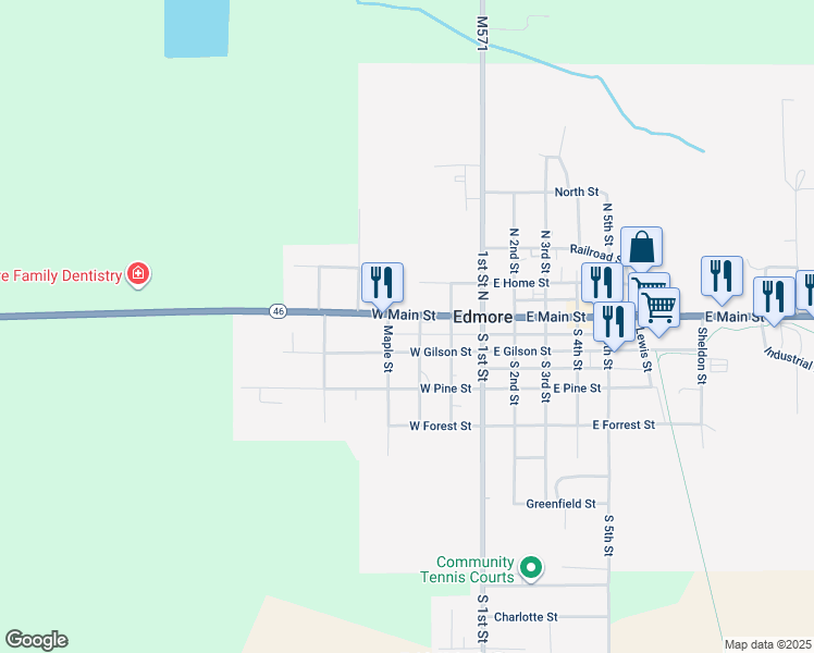 map of restaurants, bars, coffee shops, grocery stores, and more near 302 West Main Street in Edmore