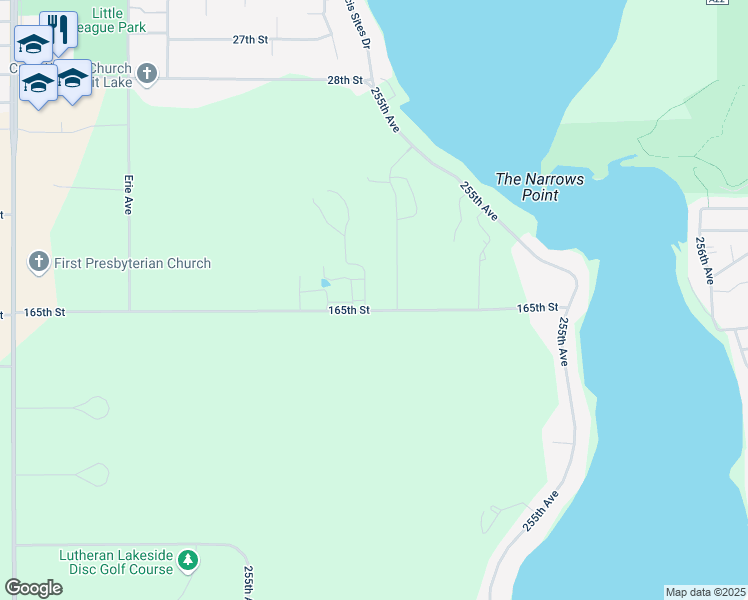 map of restaurants, bars, coffee shops, grocery stores, and more near 2500-25498 165th Street in Spirit Lake