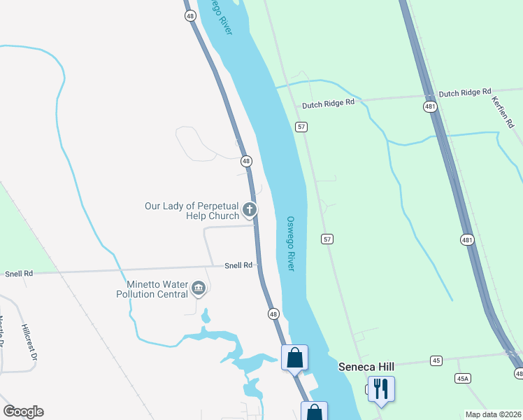 map of restaurants, bars, coffee shops, grocery stores, and more near 2928 New York 48 in Oswego