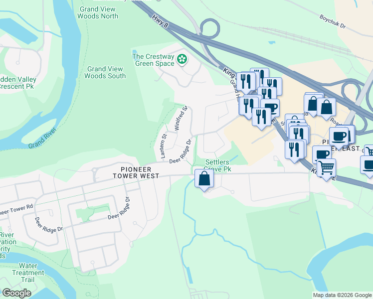 map of restaurants, bars, coffee shops, grocery stores, and more near 91 Deer Ridge Drive in Kitchener