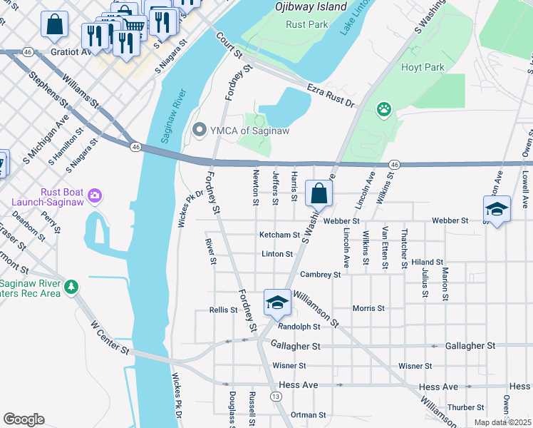 map of restaurants, bars, coffee shops, grocery stores, and more near 2010 Newton Street in Saginaw