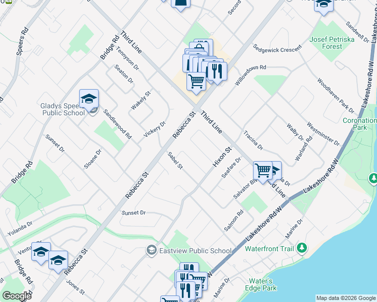 map of restaurants, bars, coffee shops, grocery stores, and more near 253 Wales Crescent in Oakville