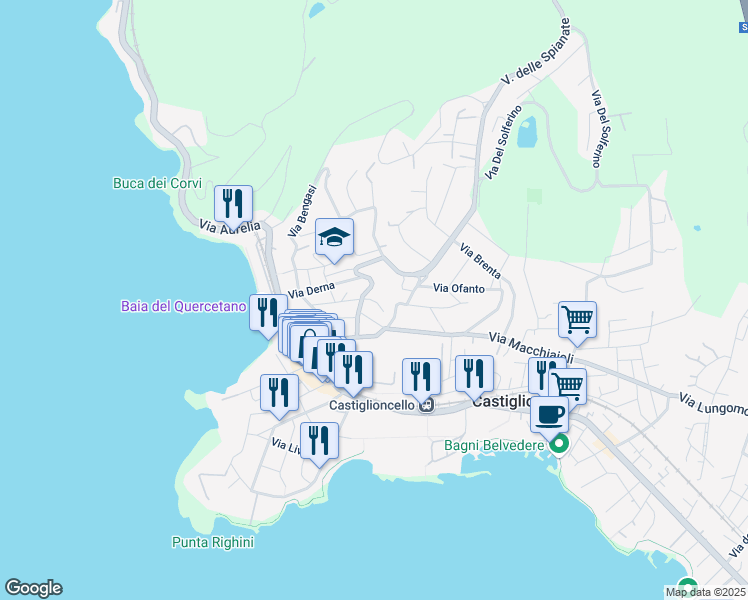 map of restaurants, bars, coffee shops, grocery stores, and more near 24 Via Derna in Rosignano Solvay-Castiglioncello