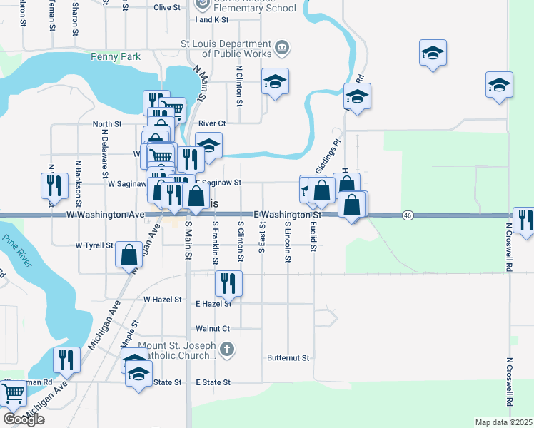 map of restaurants, bars, coffee shops, grocery stores, and more near 415 East Washington Street in St. Louis