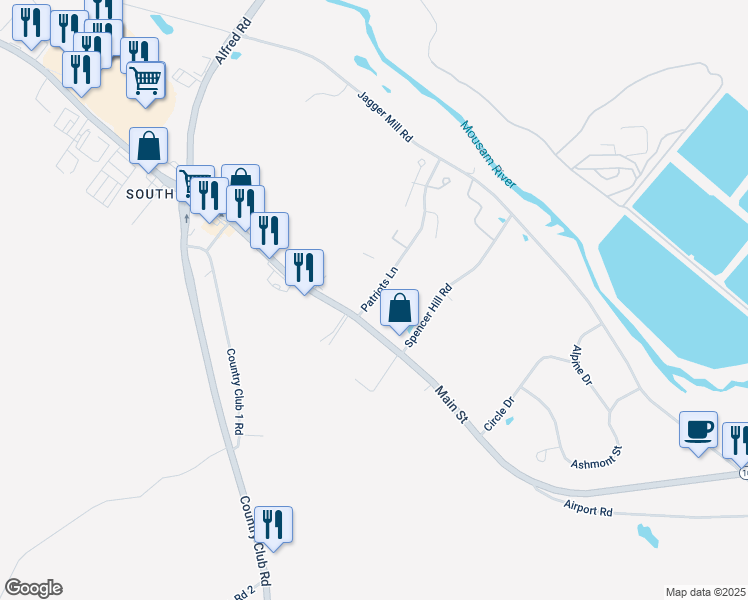map of restaurants, bars, coffee shops, grocery stores, and more near 32 Patriots Lane in Sanford
