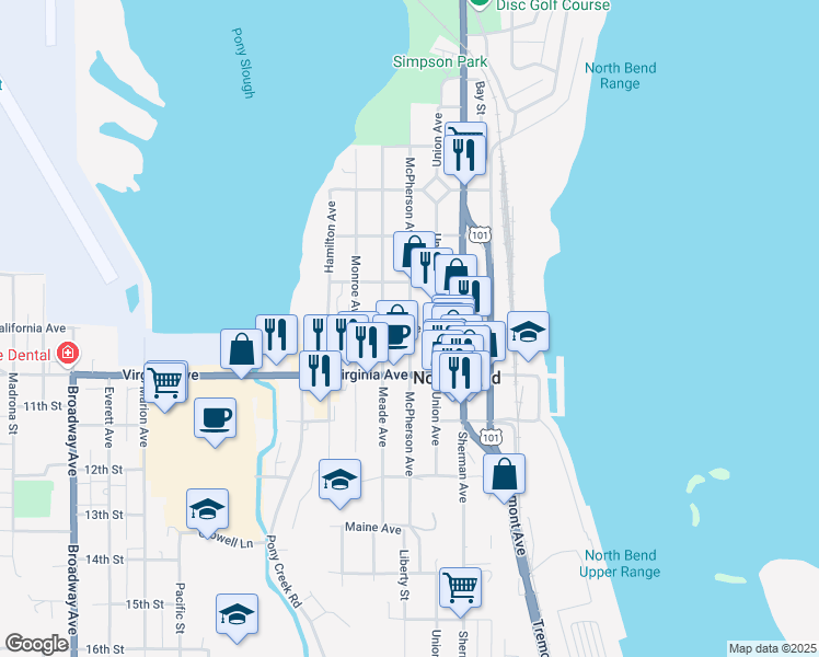 map of restaurants, bars, coffee shops, grocery stores, and more near McPherson Avenue in North Bend