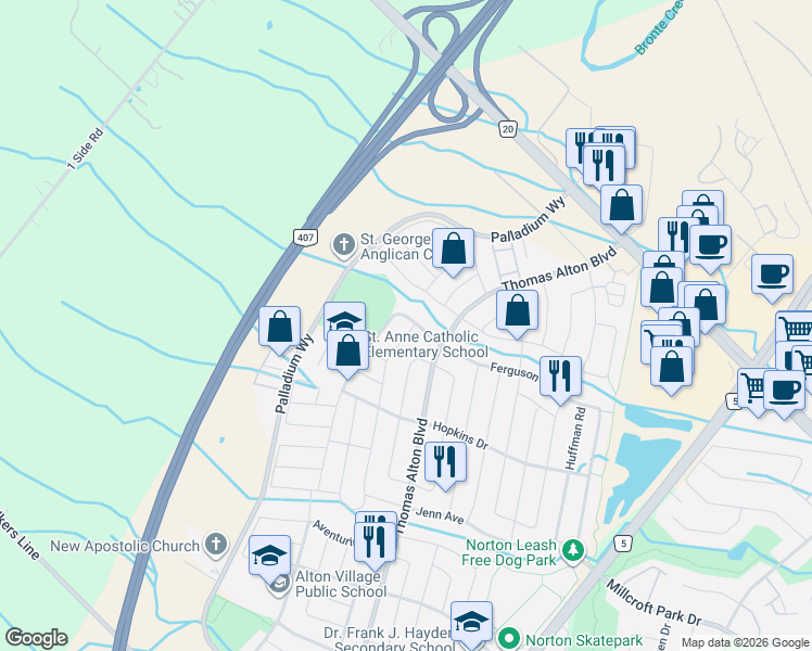 map of restaurants, bars, coffee shops, grocery stores, and more near Irena Avenue in Burlington