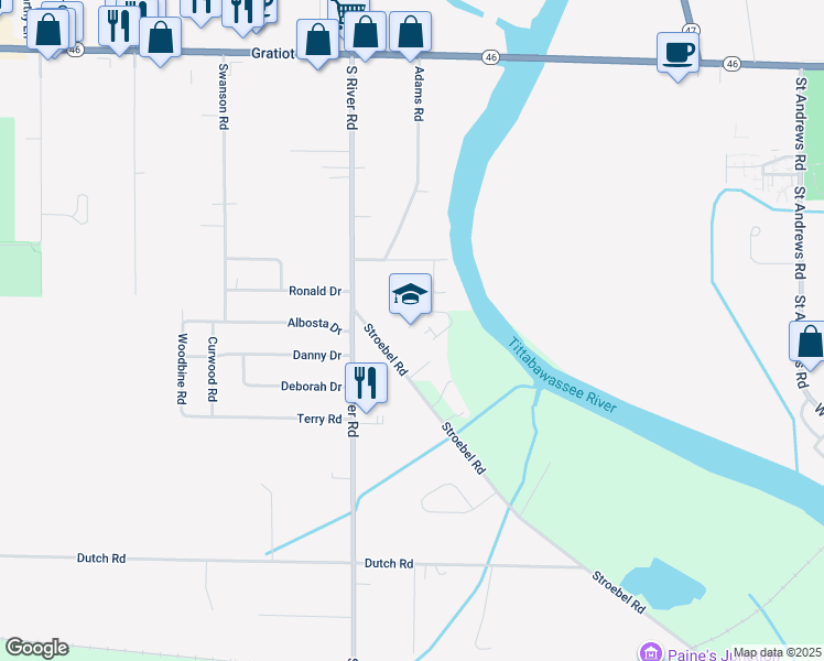 map of restaurants, bars, coffee shops, grocery stores, and more near 6900 Stroebel Road in Saginaw