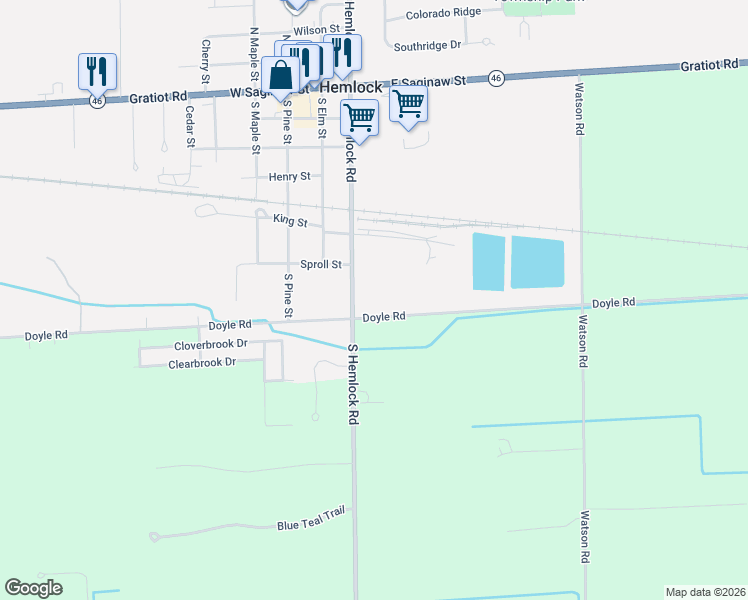 map of restaurants, bars, coffee shops, grocery stores, and more near 15890 Doyle Road in Hemlock