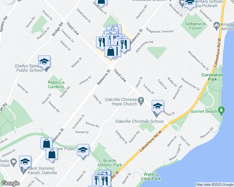 map of restaurants, bars, coffee shops, grocery stores, and more near 268 Wales Crescent in Oakville